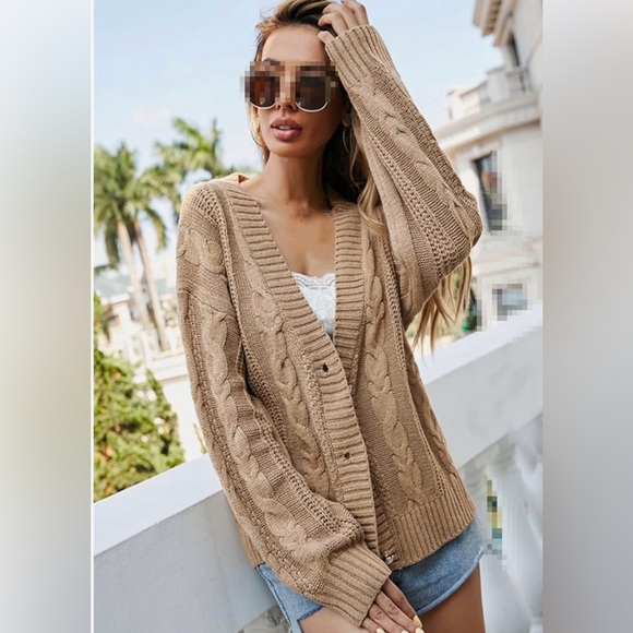 cupcakes & cashmere Sweaters - Cupcakes & Cashmere  Tan-Camel Cardigan Sweater Cable Knit Preppy Women’s Medium